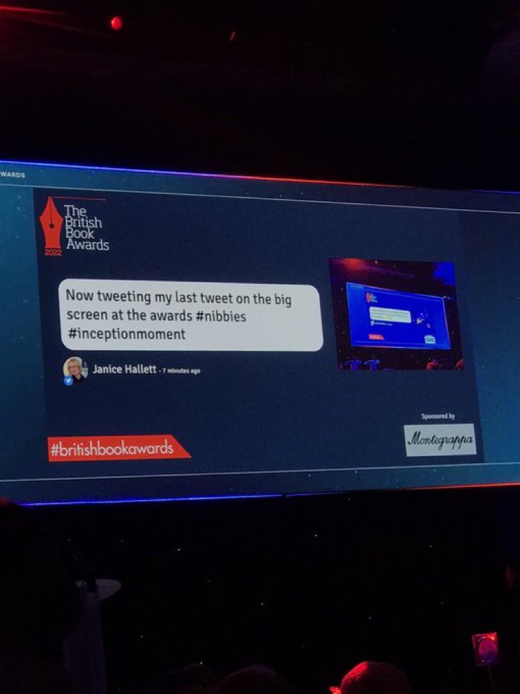 JaniceHallett's tweet photo. Now tweeting a picture of my tweet about a picture of a tweet on the big screen #nibbies #inceptionmoment #infinitytweet https://t.co/9hNFL374ui
