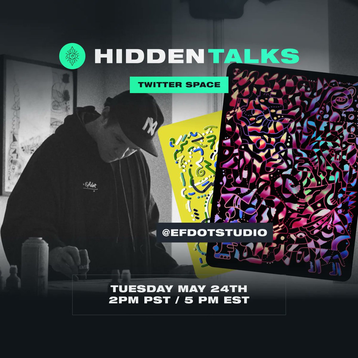 hiddensociety's tweet image. For tomorrow's #HiddenTalks, we'll be joined by the wonderful artist @EfdotStudio ahead of his drop on @niftygateway!

Tune in tomorrow, Tuesday May 24th at 2pm PST / 5pm EST. Set a reminder! 👇