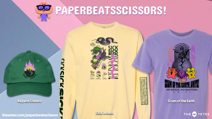 ICYMI The world has gone to the sickos and there's only one sanctuary left- the newest drop from @paperbeatstweet, featuring a a stylish selection of tees of longsleeves plus a grossly incandescent cap! Available now for pre-order from the Yeteemart! https://t.co/VsthW05ipZ 
