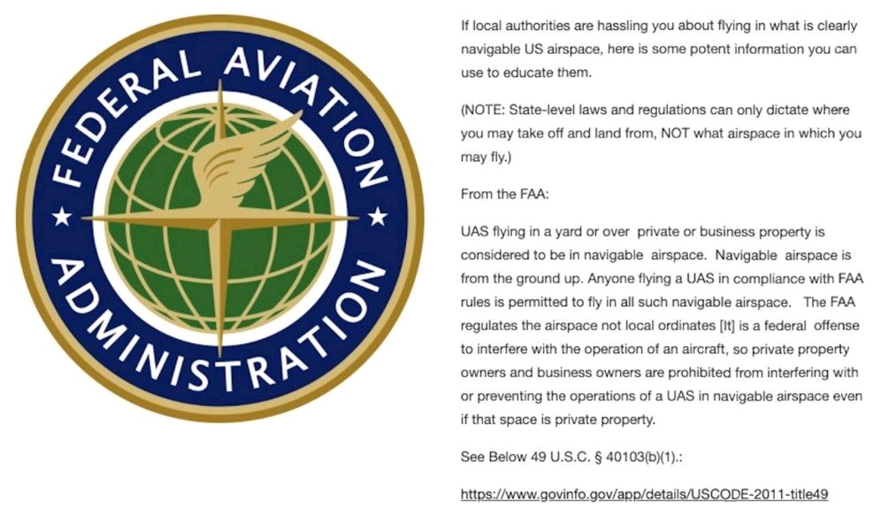 droning4fish's tweet photo. IF YOU ARE HASSLED WHILE FLYING

Lots of us have run-ins with local officials or misinformed neighbors. This is directly from the FAA. Might want to print it and keep a copy with you just in case: https://t.co/vwRsmq0nzA