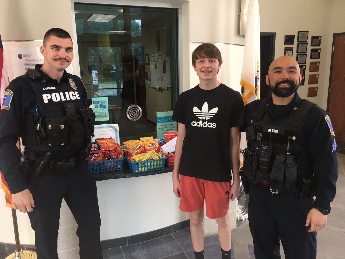 AndoverKSPD's tweet photo. A huge thank you to Cody and his family for supporting #SgtMikeAPD 's snack habit. I promise to share (some) with night shift. #PoliceWeek #AndoverStrong https://t.co/d09cqYd2kc