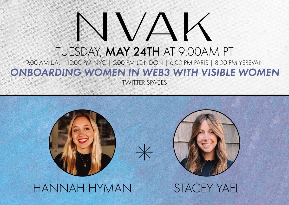 Hope you’ll join us tomorrow, may 24th @ noon for a fun space w <a href="/NvakCollective/">Nvak Collective</a>👏🥳🙌#WomeninNFTs #VisibleWomen