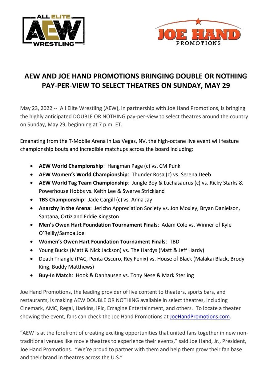 SeanRossSapp's tweet photo. AEW Double Or Nothing will be broadcast in select theaters https://t.co/w2MuLxAhOb