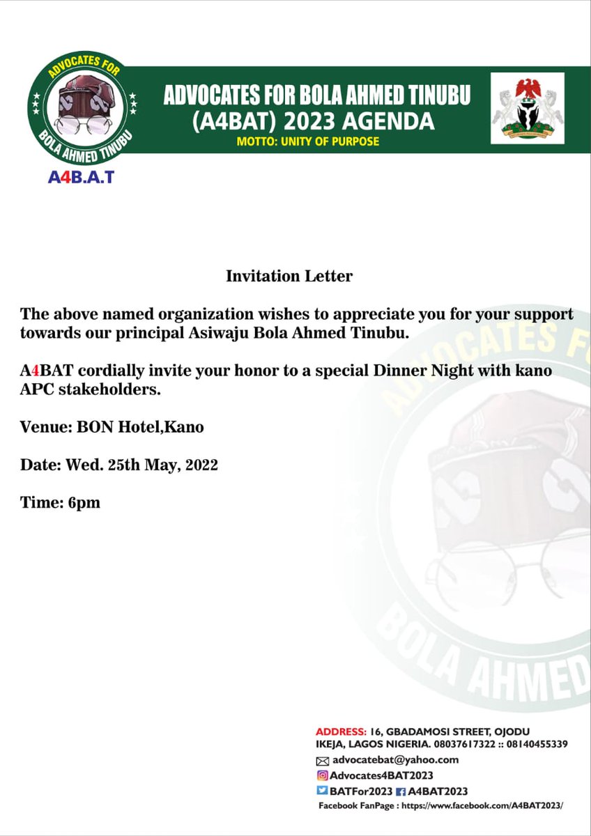 BATFor2023's tweet photo. The Advocates For Bola Ahmed Tinubu #A4BAT Cordially Invites Everyone To A Special Dinner Night. https://t.co/Twy7ml9OFc