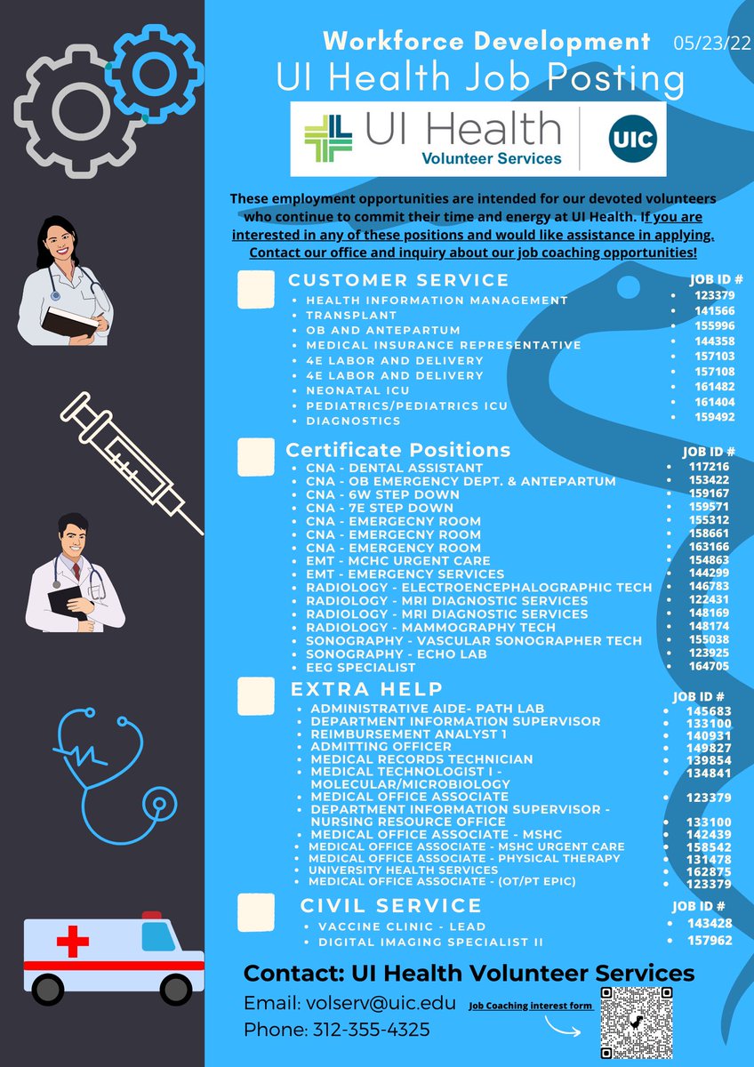 #CareerMonday We want to share with you some of the recent entry level employment opportunities at <a href="/UIHealth/">UI Health</a> For more info please contact Volunteer Services Office at volserv@uic.edu 📧 or call us 312.355.4325 📞 
*job postings as of 5/23/22 <a href="/thisisUIC/">University of Illinois Chicago</a> @UICHonors <a href="/BeNobleSchools/">Noble Schools</a>