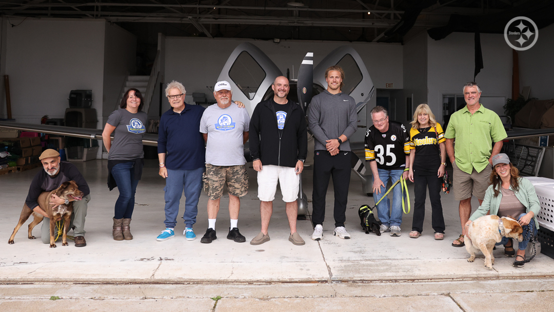 SteelersCR's tweet photo. This afternoon, Derrek Tuszka traveled to Allegheny County Airport to visit No Dog Left Behind, a nonprofit focused on rescuing animals that have run out of time at one shelter, and relocating them to a new shelter for a second chance at adoption. https://t.co/3OxbKLdFi4