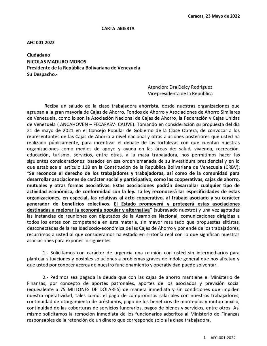 ancahoven's tweet photo. Cajas de Ahorro de Venezuela envían Carta Abierta al Presidente Nicolás Maduro https://t.co/qduXJ4d9FD