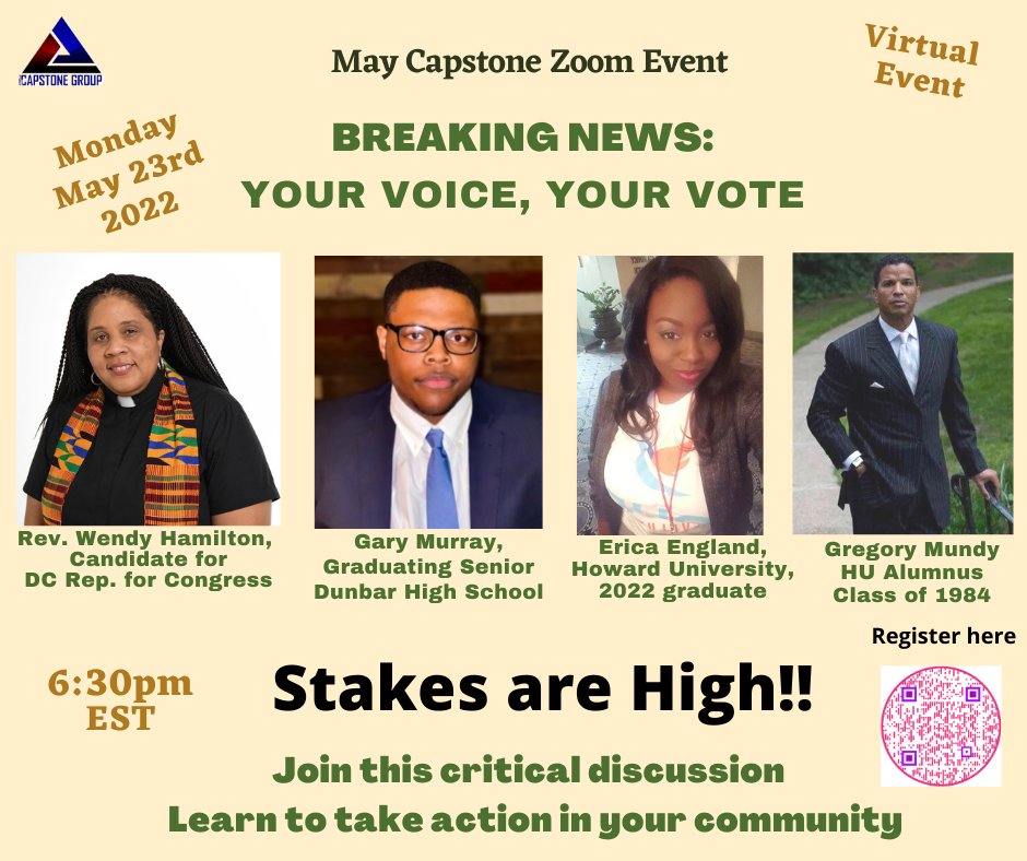 HUCapstoneGroup's tweet photo. Your vote is more important now than ever. Join us tonight at 6:30 pm EST for a timely discussion. Register here: https://t.co/se8JoWWTF4
#howarduniversity #bisonnation #howardu #vote #yourvotematters https://t.co/WqqC4DfFhc
