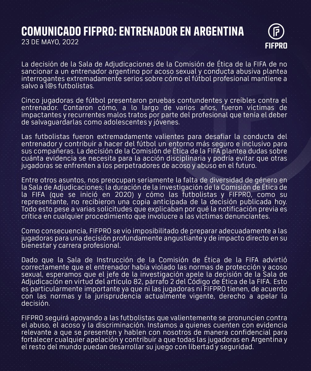 FIFPRO's tweet photo. La sala de adjudicaciones de la Comisión de Ética de la FIFA decidió no sancionar a un entrenador argentino pese a las varias acusaciones de acoso sexual y comportamiento abusivo sobre futbolistas. https://t.co/DqqjxMr3KM