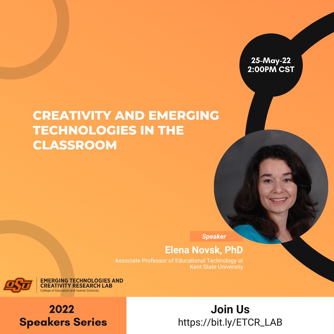 okstate_etc's tweet photo. Join us for the ETC Research Lab's 2022 Speakers Series: "Creativity and Emerging Technologies in the Classroom" featuring Elena Novak, PhD on Wednesday, 25th May @ 2:00pm CST. Register at https://t.co/Eqvl4sQ0Ax.
@tutaleni
@okstate_ehs
@okstate_etc https://t.co/nU3FsuHPvU