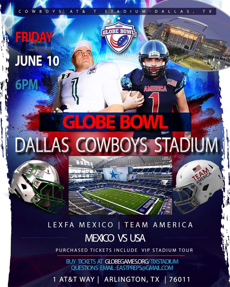 TRILLIONstudio's tweet photo. @GLOBEBOWL 8 June 10, 2022 6pm at At&amp;t Dallas Cowboys Stadium 
Buy Tickets here https://t.co/V79NQNvXGv
#GlobeBowl #DallasCowboys #USA #Mexico @lexfa vs @TeamAmericaFB #CowboysStadium https://t.co/AcP001zQ0w