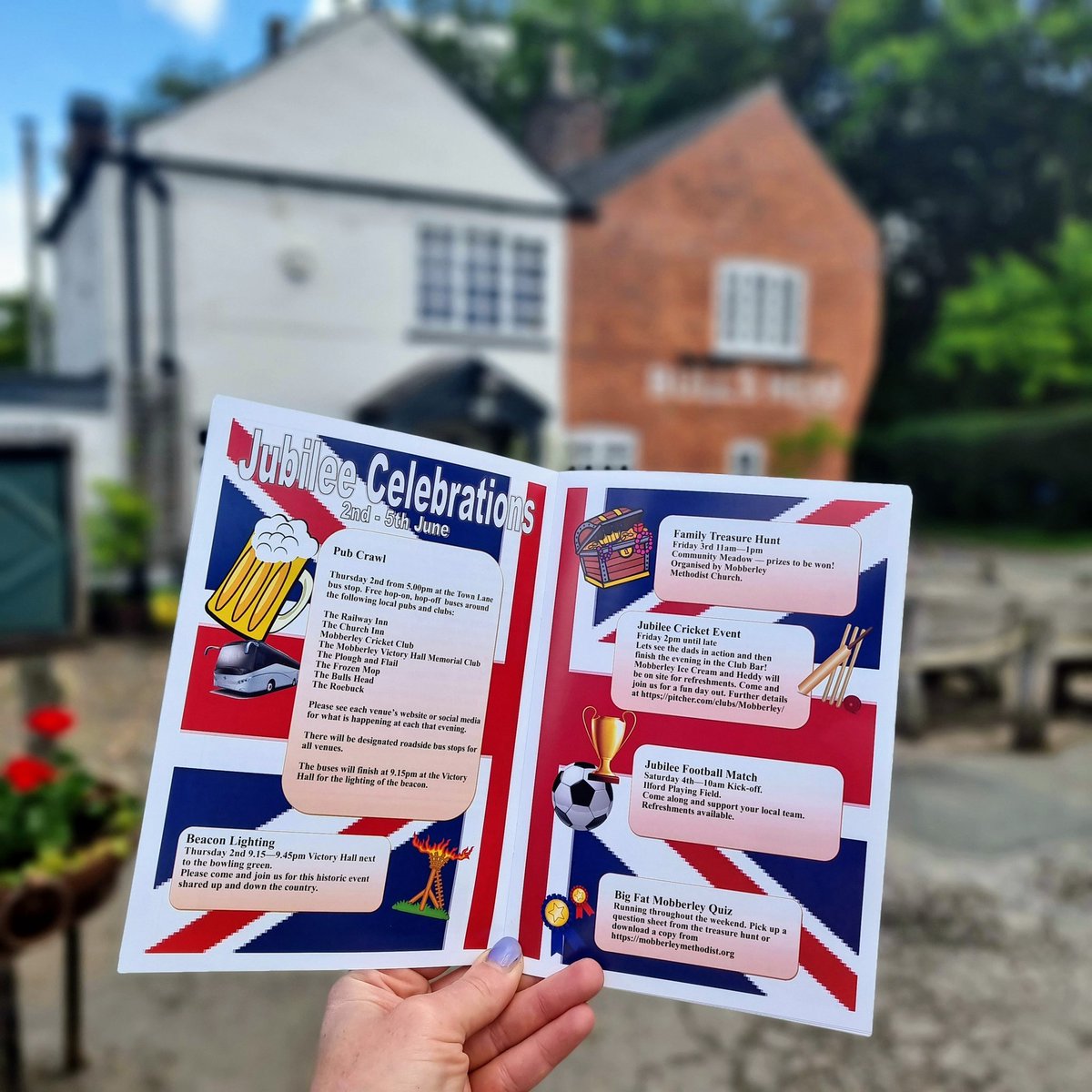 Celebrate the Jubilee <a href="/BullsHeadMobb/">The Bulls Head</a> 👑
Hoffmeister Bar, BBQ &amp; Live music with Dave &amp; Howard on Thursday kick off the Bank Holiday celebrations🥳
Party like royalty with food &amp; drink specials to enjoy all weekend 🥂
#Mobberley #cheshire #bankhols #PlatinumJubilee #JubileeWeekend