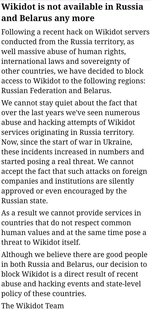 DCimmerian's tweet photo. 1/3 As of this moment, Wikidot is no long accessible from Belarus or the Russian Federation, if what I've been told is true (and I have no reason to believe it isn't). This is what users from those countries see when they go to the site: https://t.co/3MrQYs7uL5