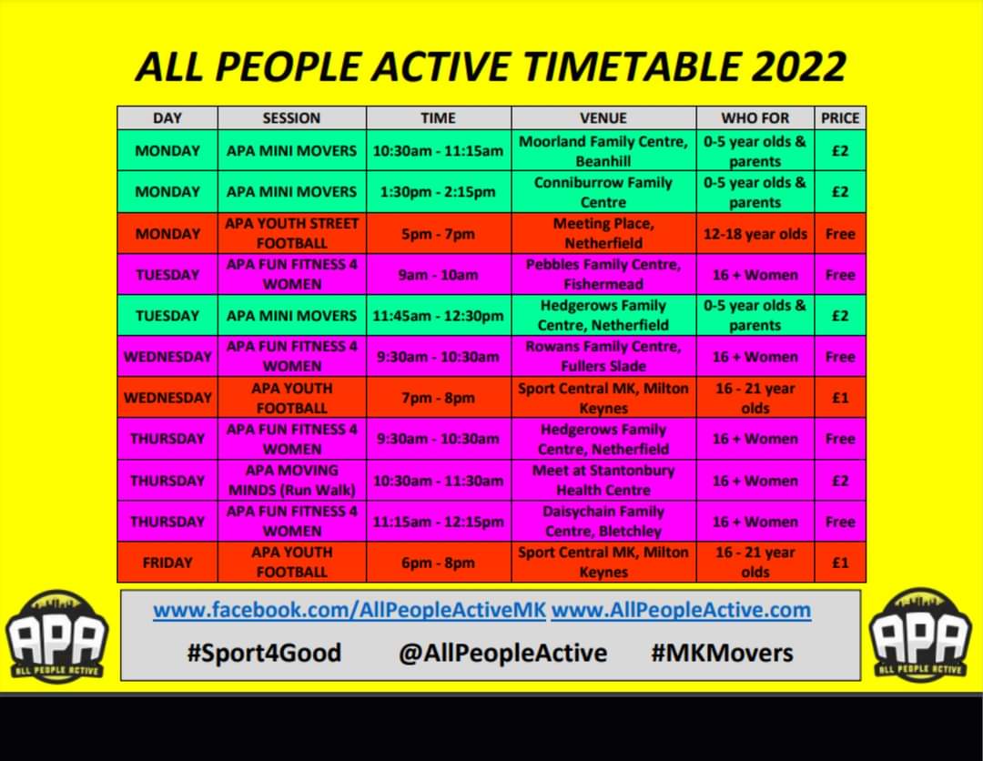 AllPeopleActive's tweet photo. New Session Timetable for #MiltonKeynesCity !!! #AllPeopleActive #ActiveHealthyHappy #MKGirlsCan #GetUpGetOutGetActive #MKMovers https://t.co/0Yb1dw6rIf