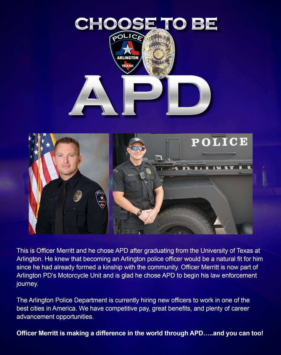 ArlingtonPD's tweet photo. Check out why Motor Officer Merritt chose APD.
Did we mention he now gets paid to ride a Harley Davidson Police motorcycle fulltime??
For more information on the application process, click on the following link: https://t.co/Sib44t9V7E
#ChooseToBeAPD #nowhiring #ArlingtonTX https://t.co/SoLdSZ000E