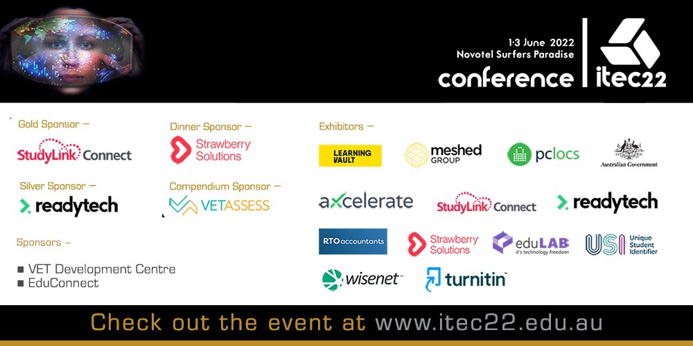 ITECAust's tweet photo. When at the #ITEC22Conference, don't miss the opportunity to catch up with some of the great sponsors including @StudyLink and @ReadyTechEdu plus the other great companies that support independent #VocationalTraining and #HigherEducation providers. https://t.co/IjLS1FR6Dk https://t.co/WioqEeTV9v