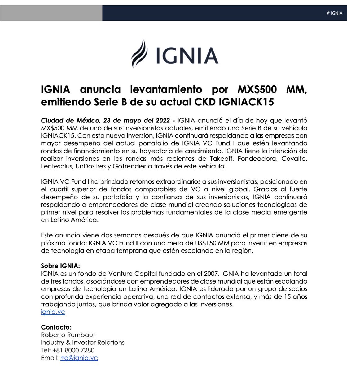 IGNIA_Fund's tweet image. Nos emociona anunciar el levantamiento por MX$500MM de un inversionista actual, emitiendo una Serie B del CKD IGNIACK15, para continuar respaldando al portafolio de IGNIA VC Fund I en su crecimiento.¡Agradecemos la confianza de nuestros inversionistas y emprendedores! #IGNIAProud