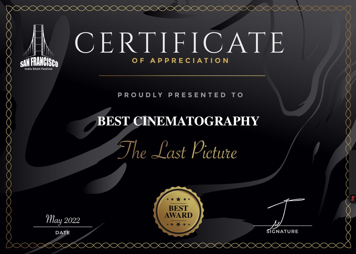I am so excited to announce that THE LAST PICTURE won Best Cinematography in the San Francisco Indie Film Festival. Thank you Brandon Hamilton for your amazing cinematography, it REALLY is a beautifully shot film. #womanfilmmaker#womandirector#best cinematography#thelastpicture