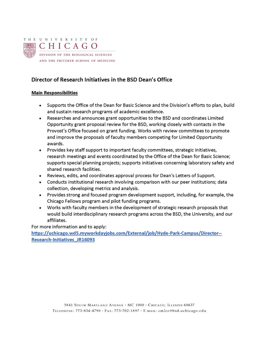 We are looking for a 'Director of Research Initiatives' to support research and research infrastructure from the BSD Dean's office! A great opportunity for someone with PhD training to work in an academic environment and support research initiatives: uchicago.wd5.myworkdayjobs.com/External/job/H…