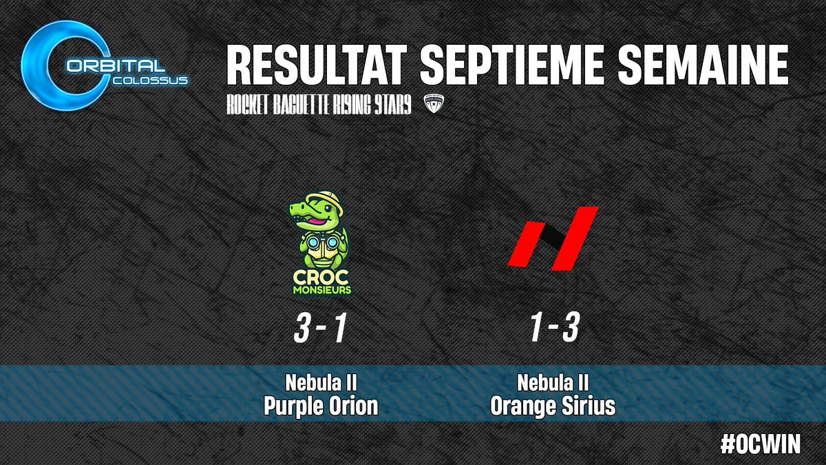 Salut tout le monde !
Voici nos résultats de la 7ème semaine des rbrs :

#OCwin #OrbitalColossus #RBRS