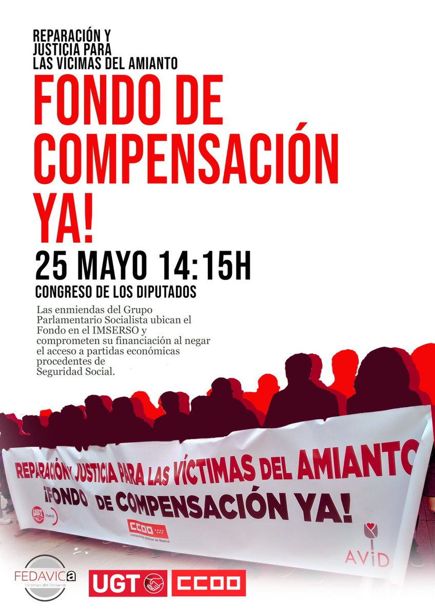 Las víctimas del amianto merecen RESPETO, y eso vamos a exigir el 25 de mayo en Madrid a todo los partidos políticos y especialmente a los partidos del gobierno que comprometieron un fondo con contenido y financiación que respete sus derechos #JusticiaVictimasAmianto