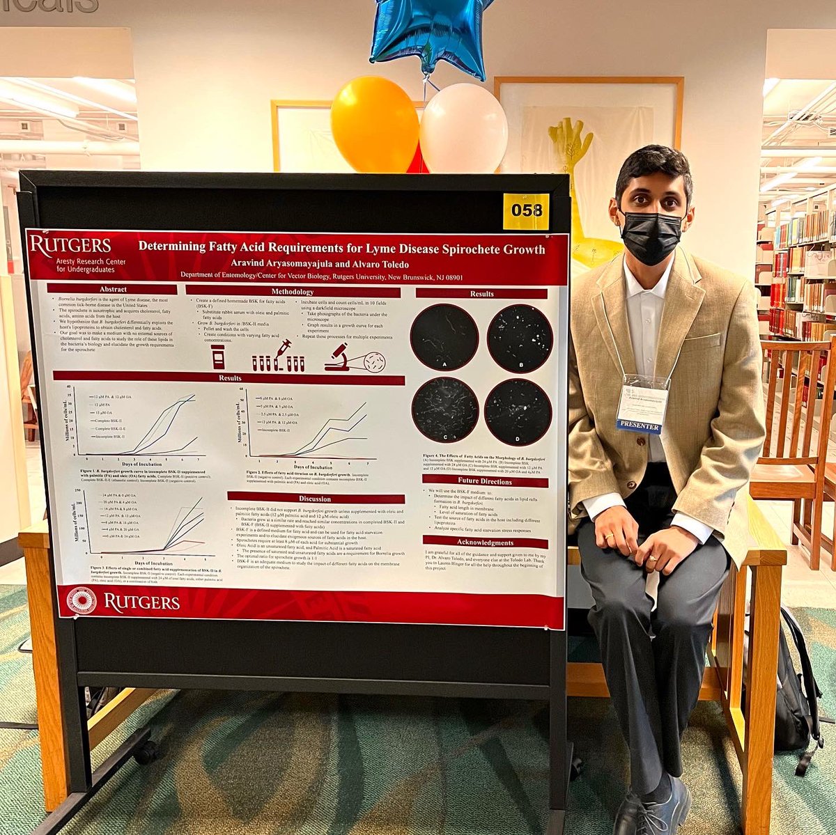 ToledoLabRU's tweet photo. Aravind did a fantastic job presenting his poster titled “Determining Fatty Acid Requirements for Lyme Disease Spirochete Growth” at the Aresty Research Symposium! 🎉 

Great job! 👏🏻👏🏻👏🏻 https://t.co/Z49JfV7WU1