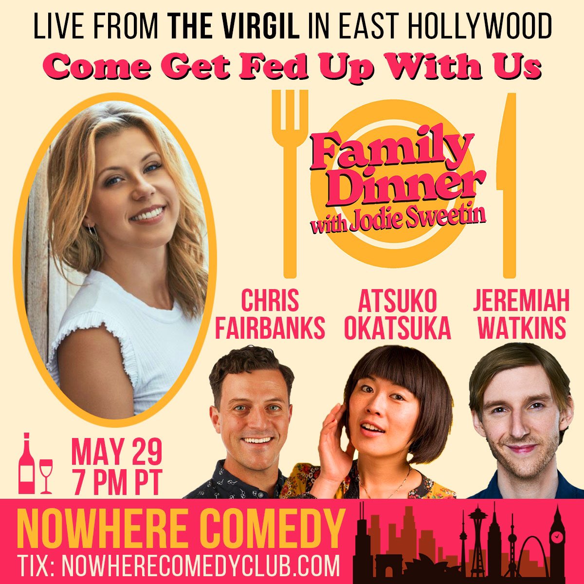 YourLateNight's tweet photo. JUST ANNOUNCED! Check out our new show, #FamilyDinnerTheShow! Hosted by the great @JodieSweetin and feat. @jeremiahstandup @AtsukoComedy and @chrisfairbanks! You can see the show live in person OR online at @NowhereComedy! Tix in Bio https://t.co/NKTqSjMeTB