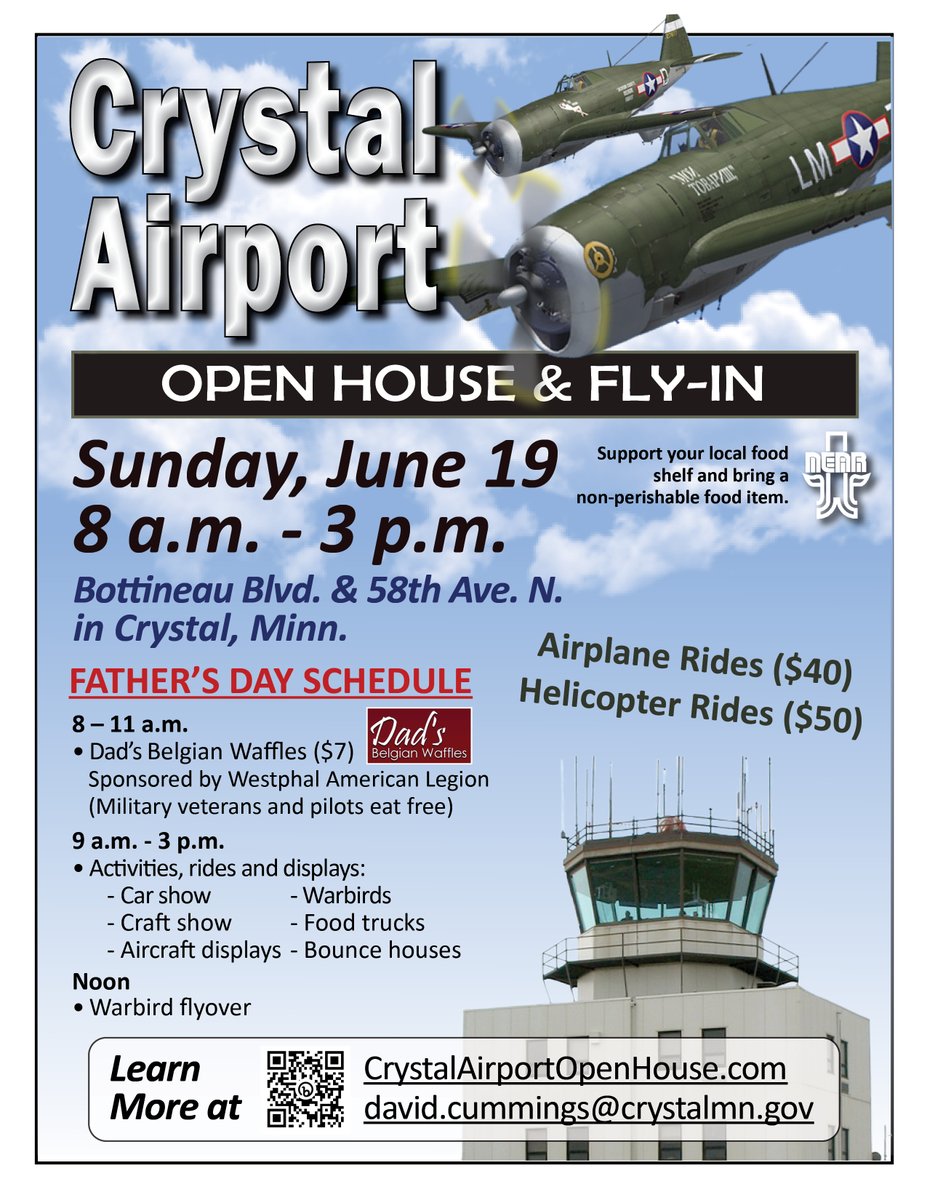 cityofcrystalmn's tweet photo. The 2022 Crystal Airport Open House is this Fatherβs Day, Sunday, June 19 from 8 a.m. β 3 p.m. Enjoy a Belgian Waffle breakfast, airplane and helicopter rides, aircraft displays, bounce houses, a warbird flyby and more. Learn more at https://t.co/zRl8OYsgZO. https://t.co/k5jsR67y7Z