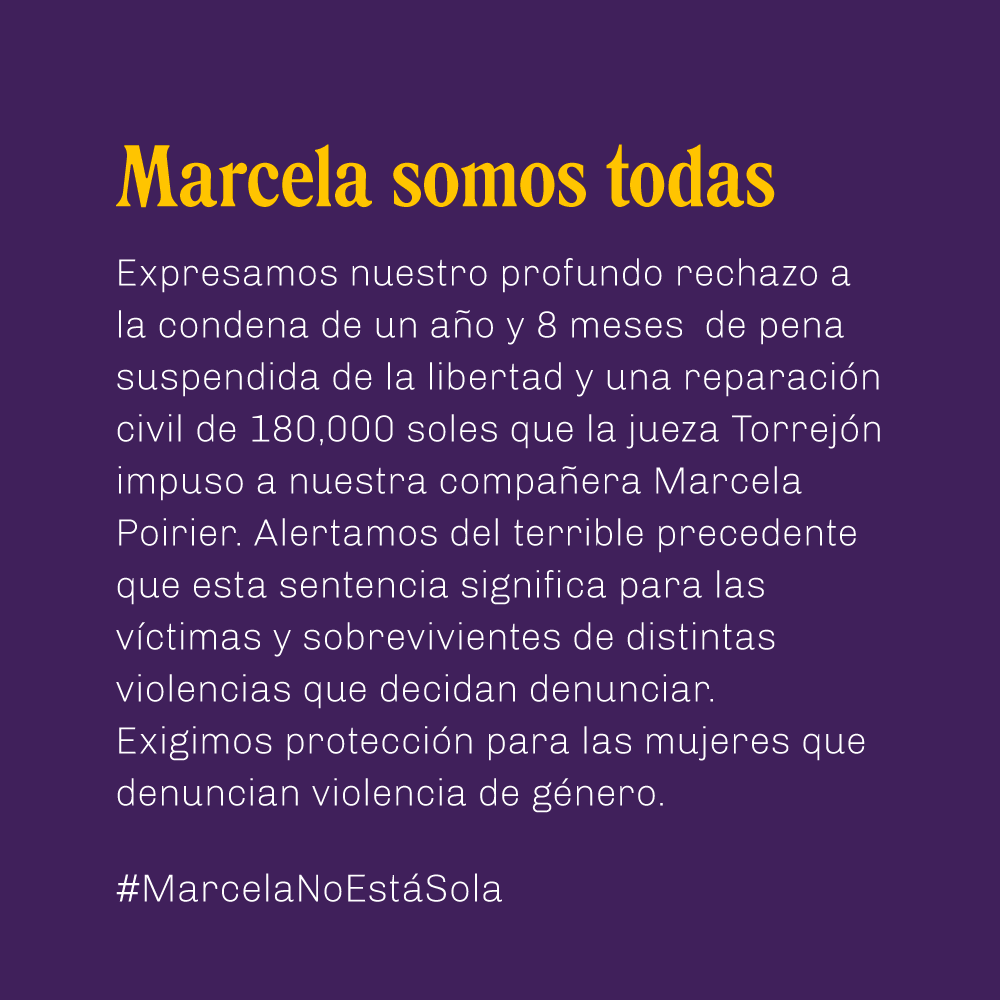 ManuelaRamos's tweet image. Rechazamos la condena de 1 año y 8 meses de pena suspendida de la libertad a la defensora de derechos humanos Marcela Poirier. El Poder Judicial deja un pésimo precedente para las víctimas y sobrevivientes de violencia de género que deciden denunciar. 1/