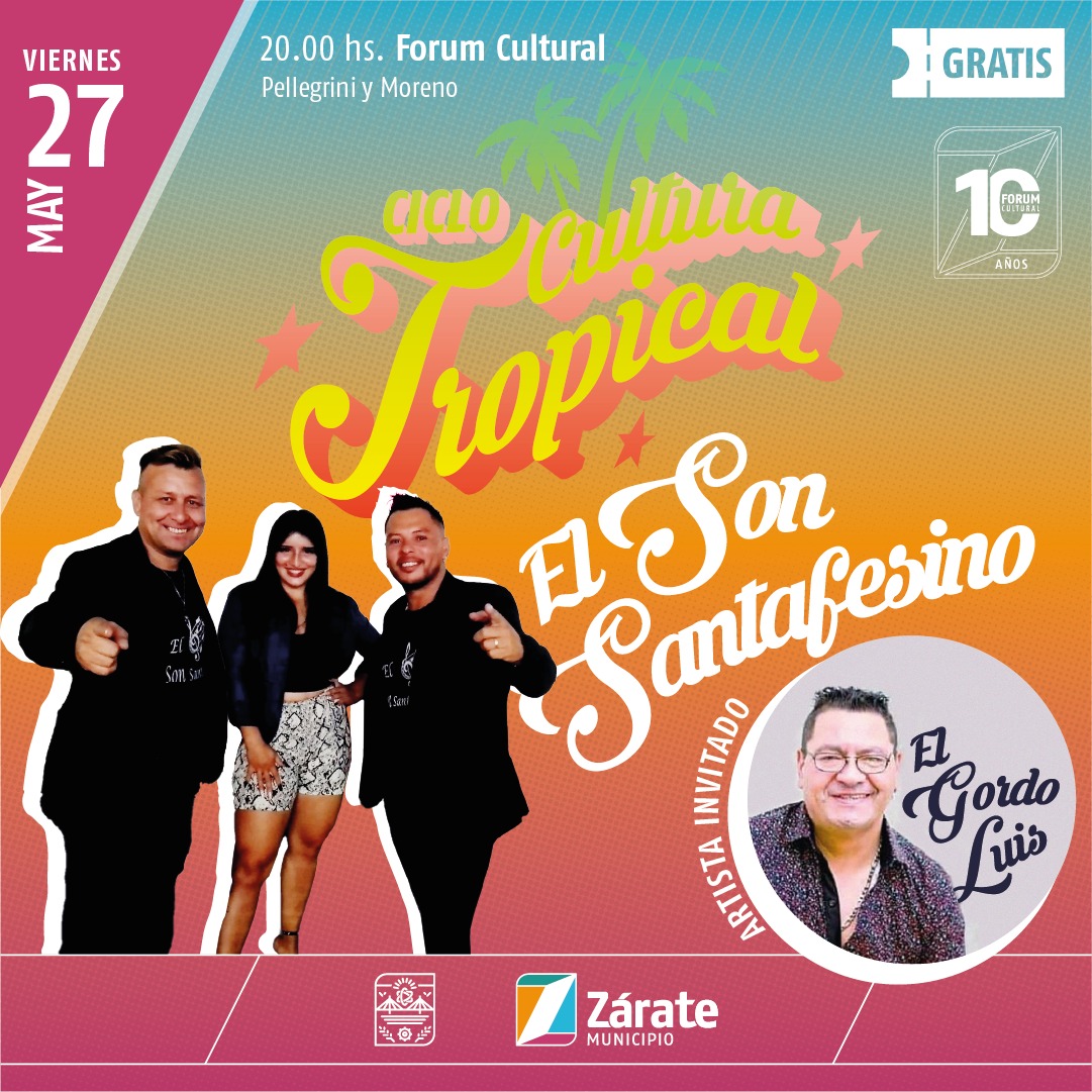 MuniZARATE's tweet photo. #Cultura 🎭 | ¡Sigue el Ciclo "Cultura Tropical" en el Forum! 🔊

🌴 Este viernes desde las 20 hs "El Son Santafesino" en Pellegrini y Moreno 🎶 Artista invitado: El Gordo Luis

📆 Viernes 27 de mayo
🕘 20:00 hs.
🎟️ Entrada gratis

#VeniteAlForum
#Forum10Años https://t.co/eYwkaiRfsm