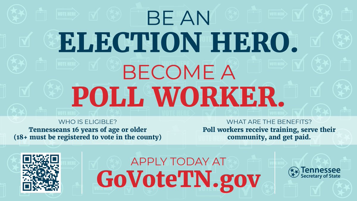 tnussenate's tweet photo. Tennessee's county election commissions are now recruiting poll workers for the August 4 State and Federal Primary and State and County General Election. Apply today at https://t.co/HT8euvpPwe to serve your community and get paid! #GoVoteTN #YourVoteMattersTN #TNPollWorker https://t.co/HEKuGaW539