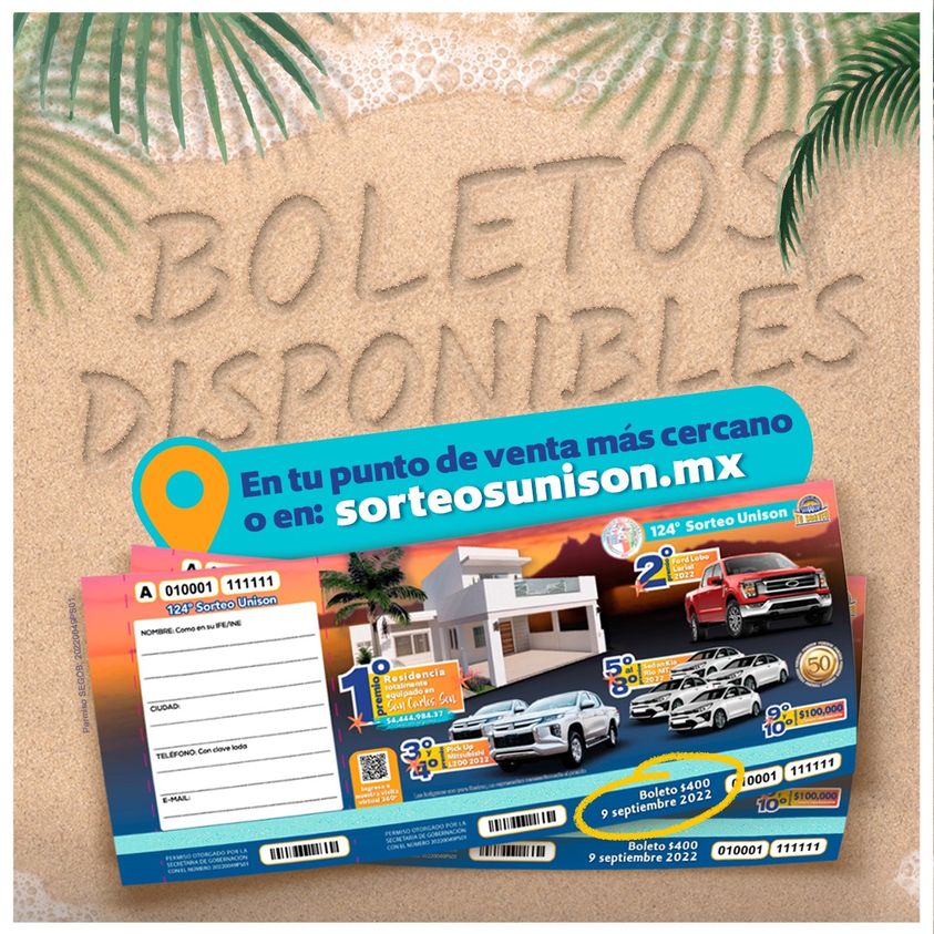 sorteosunison's tweet photo. ¡Ya están disponibles los boletos de la suerte del 124º Sorteo Unison!☘️
Con #SorteosUnison tu casa en la playa 🏝
@unisonradio
@ViceURC
@SoyUnison
@desdelauniversi
@elluismendoza https://t.co/a5Fm1CULdg