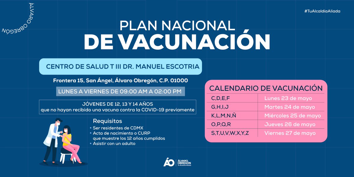 AlcaldiaAO's tweet photo. Vacúnate contra COVID-19 💉🦠
Si no has recibido la vacuna y tienes 12-14 años acude a aplicarte tu primera dosis.
👇 Aquí la calendarización https://t.co/0yCWW5tOlX
