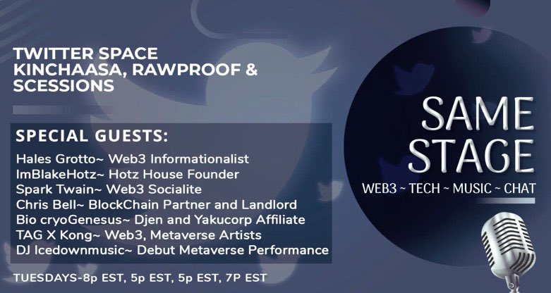 SCessions's tweet image. OK! 
Newly added guests to #SAMESTAGE thanks to @sundeeppv1 will be:

Hip Hop Artist, Platinum and Gold selling producer/engineer @youknowtag with @Kongthedj 
&amp;amp; hopefully🤞🏽 Grammy producer @StevenQBeatz 

This decentralized T-Space is about  web3, tech, music chat! #web3