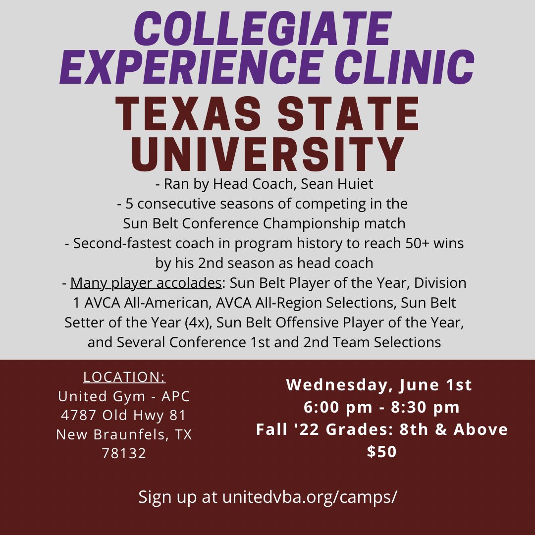 UnitedVba's tweet photo. Register to secure your spot and mark your calendars ‼️ Awesome opportunity to experience a collegiate practice run by Head Coach, Sean Huiet from @TexasStateVball 😁 #collegiateexperienceclinic https://t.co/3gcDAkw2bI