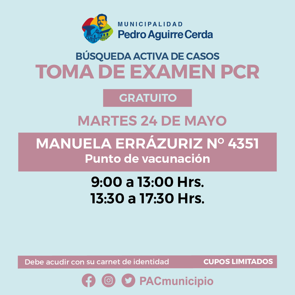 SaludPac's tweet photo. ✅ Vecinos y vecinas, compartimos el calendario y lugares donde estarán los puntos de búsqueda activa de casos en nuestra comuna este martes 24 de mayo.

#pactecuida https://t.co/EDsbXlm1XO
