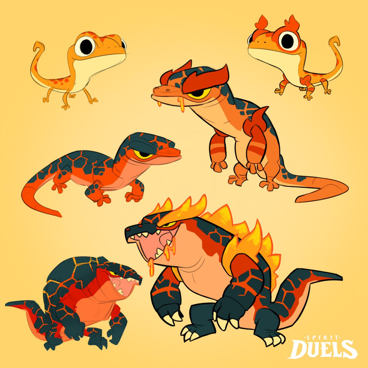 scribbleroot's tweet photo. More Spirit Duels stuff; this time some initial concept sketches. Originally the lava creature was more salamander-inspired, but eventually turned into a T-Rex. https://t.co/pEeljd4cl6