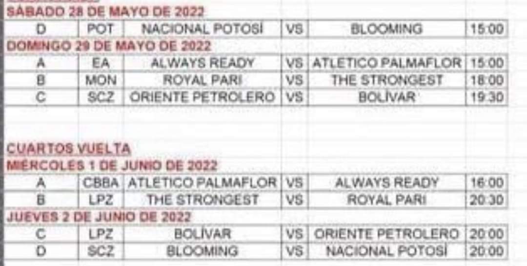 #sport | #DivisiónProfesional 
Definida la programación de partidos de los cuartos de final del Torneo Apertura. Todo inicia el sábado con un partido y continúa el domingo con las tres llaves restantes. La vuelta se jugará entre miércoles y jueves de la próxima semana.