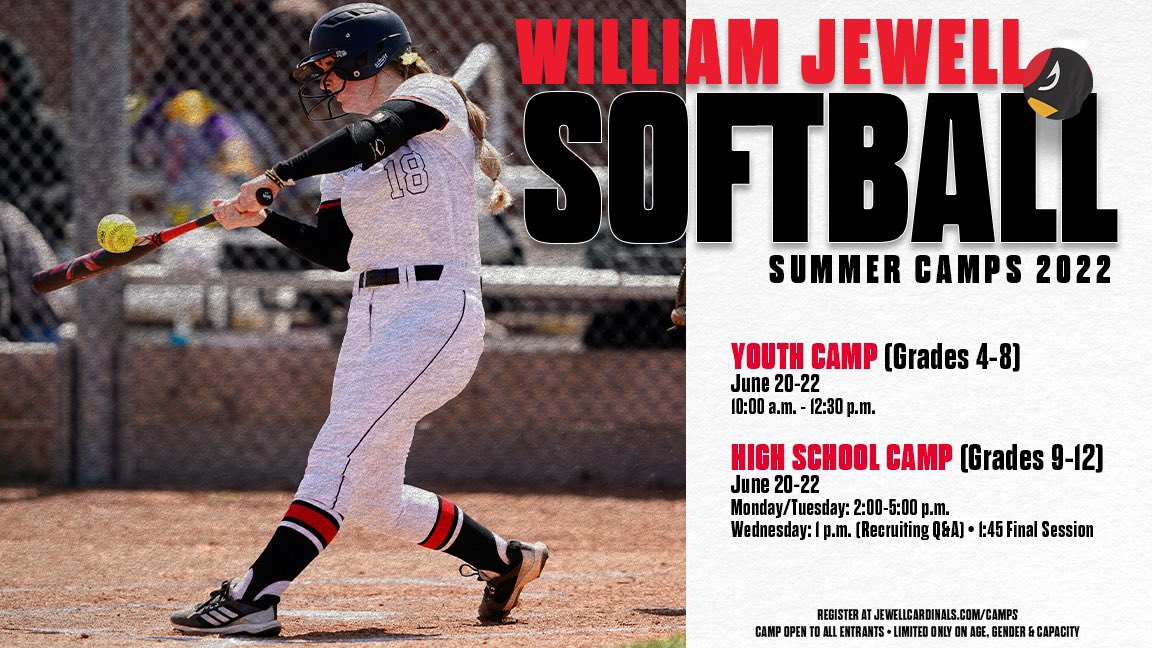 🥎William Jewell Softball Camps🥎

‼️Don’t Wait‼️

✅Youth Camp (4th-8th) 
📆 June 20-22 3 Days 
⏰ 10am-12:30pm
⚠️Spots Limited
💵 $30 Each Day 

✅Prospect Camp (9th-12th)
📆 June 20-22 3 Days 
⏰ 2pm-5pm 
⚠️Spots limited
💵 $58 Each Day 

💻Register: williamjewellsoftball.totalcamps.com/About%20Us