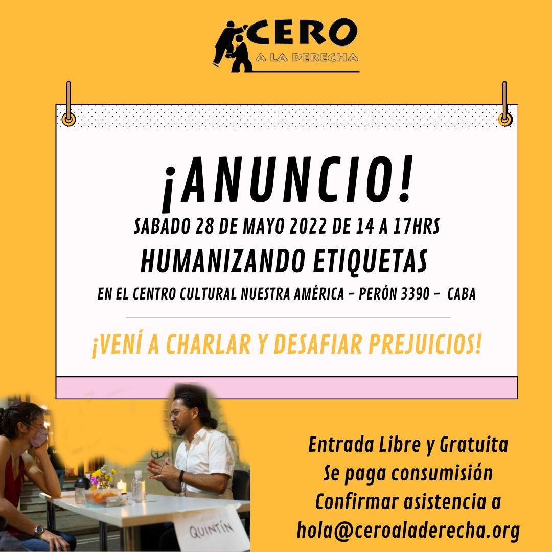 CeroaDerecha's tweet photo. Humanizando Etiquetas y abierto a público general!
Sábado 28 de mayo a partir de las 14hrs en Perón 3390, CABA 

Anotate en hola@ceroaladerecha.org y te mandamos el catálogo de libros para que elijas con quien hablar. https://t.co/4mSraWi3wd