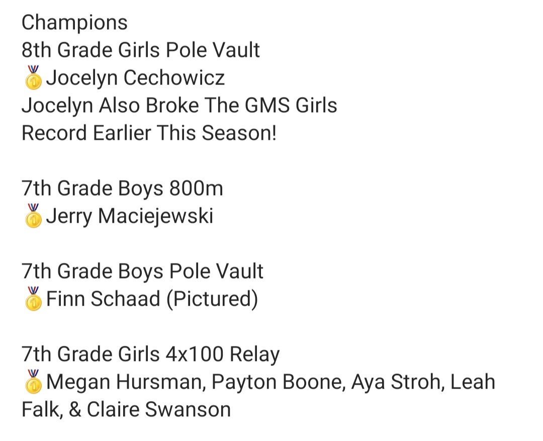 GeneseoCurrent's tweet image. GMS Middle School Track &amp;amp; Field 🏃🏃‍♀️
Boys &amp;amp; Girls IESA 4A State Finals
Eastside Centre - East Peoria
Four championships plus six more top six finishers by the GMS 7th &amp;amp; 8th Grade track teams this past weekend! Congrats!
Geneseocurrent.com
#geneseocurrent #gms #trackandfield