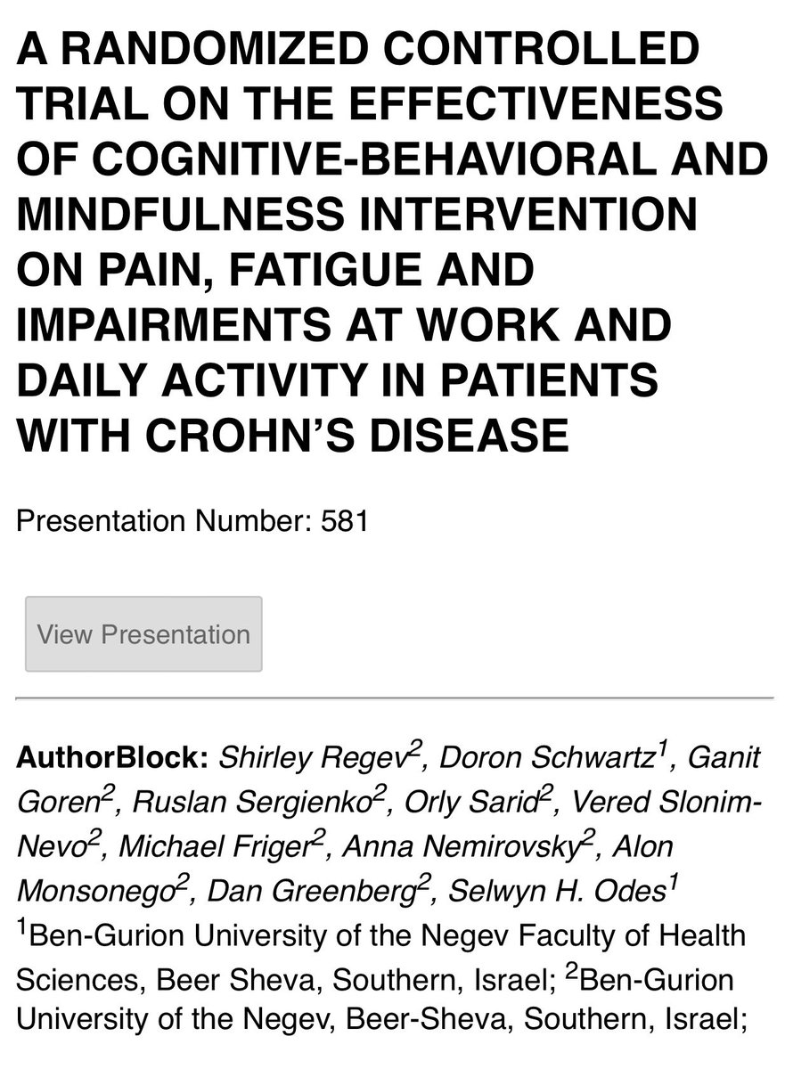 #DDW2022 Individualized cognitive-behavioral & mindfulness intervention in #IBD 

⏳12 wks of #COBMINDEX

⬇️ #Pain
⬇️ #Fatigue 
⬇️ Work impairment
⬇️ Daily Activities impairment

⏰Pts should have access to & coverage for #GastroPsych care as an essential part of #IBD care