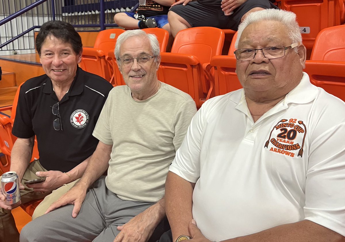 Attending the Jr A game in the Nations and met up with two old buddies after their 92 Minto Cup Championship team was introduced.  Sat here and exchanged many lies about that series and the past.  Congrats to Cap and Dave, GM &amp; Coach. Nations first ever Minto in a 7 gamer.