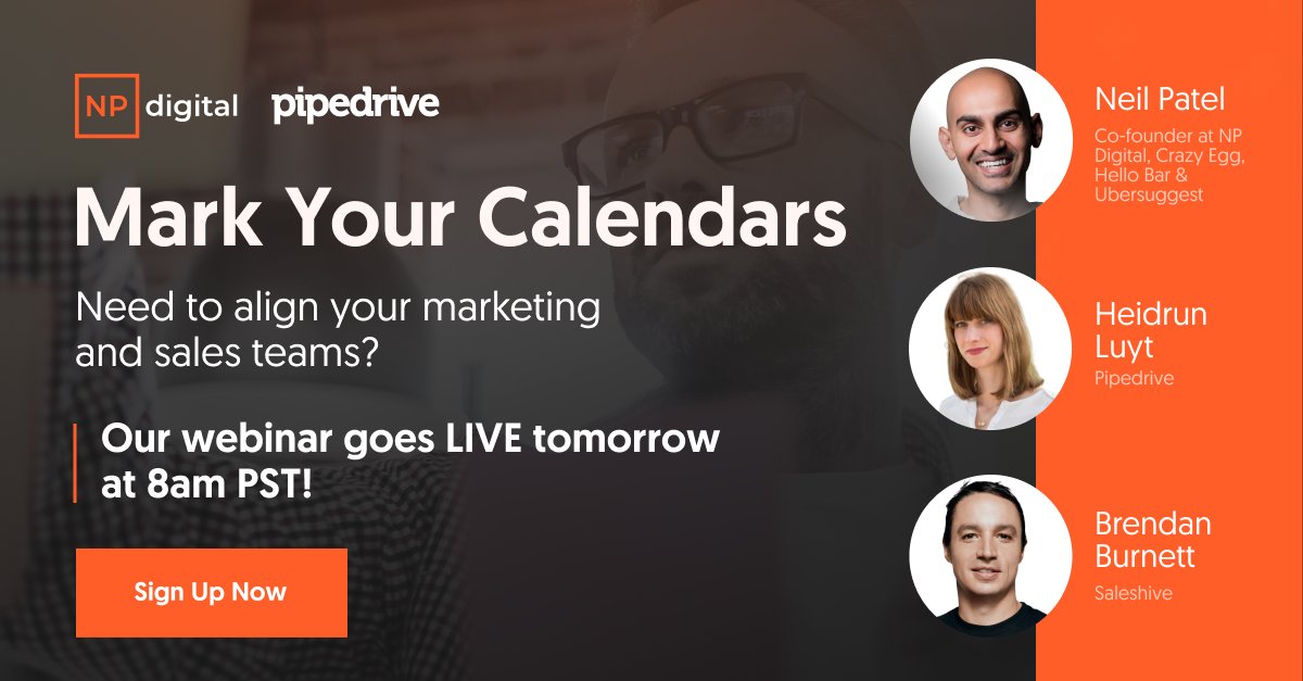 neilpatel's tweet photo. Join NP Digital and Pipedrive for a free webinar tomorrow, May 24, at 8am PST. Learn strategies to increase your ROI through sales and marketing alignment. Sign up here: https://t.co/6AdJ7bGt5U https://t.co/4lE9coUuTu