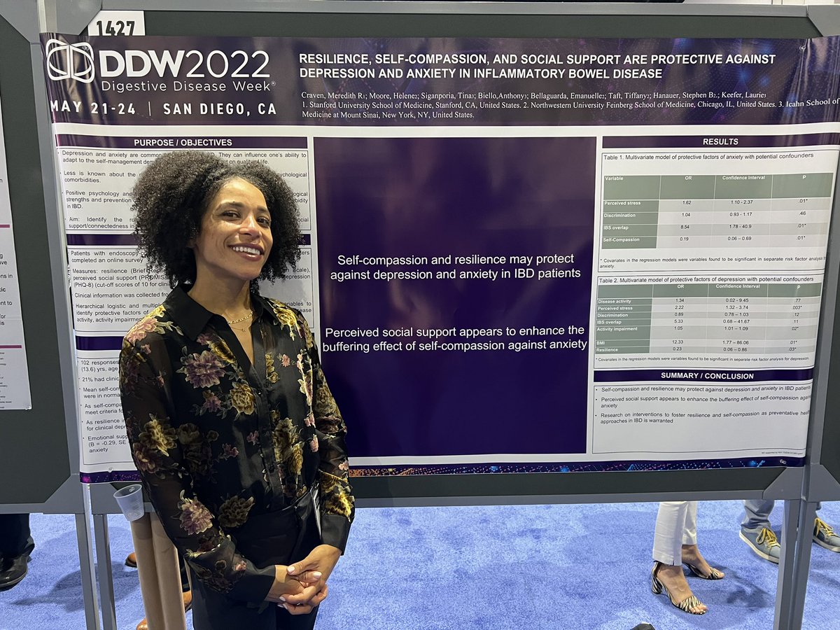 .@DrMereCraven presented a poster (Mo1427) at #DDW2022 this afternoon with her research showing that resilience, self-compassion and social support are all protective against anxiety and depression in people with #IBD. #gastropsych
