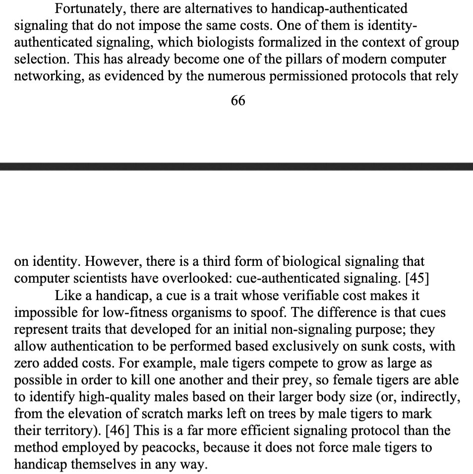 KRNCinc's tweet photo. "The Handicap Principle" is a myth. 

A reliable signal doesn't have to be costly. 

Zero-cost signaling is possible... as long as *spoofing* a signal is expensive. https://t.co/HbWtMtMlZ5