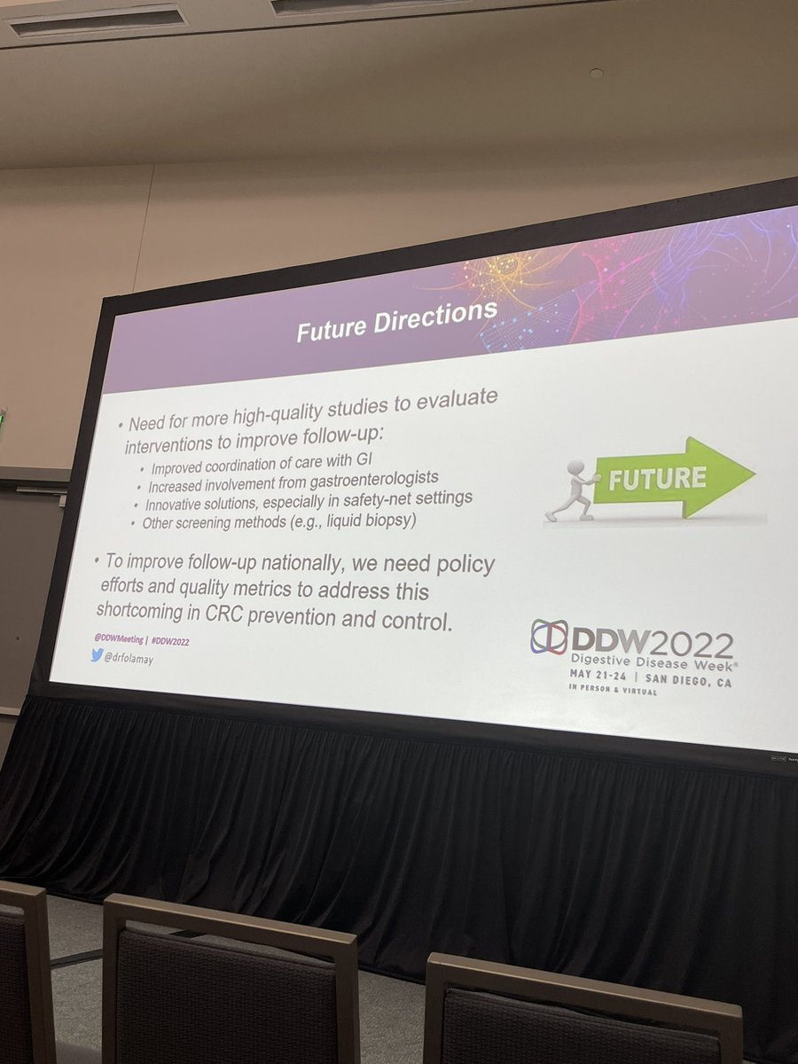 🟢Excellent talk @drfolamay re finding solutions to promote high rates of follow-up after abnormal non-colonoscopic screening test (2-step process)

✔️Multi-level system interventions, pt navigation/reminder, & provider performance data work

🔜Policy/QI efforts #MayLabUCLA