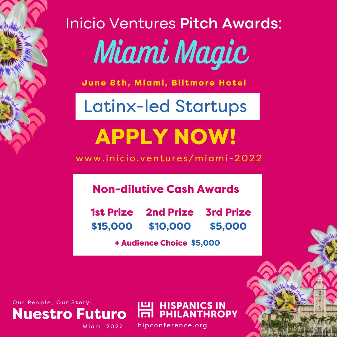 South Florida/#MiamiPitch Competition Alert!  Apply now for @InicioVentures  Awards: #Miami Magic edition to #pitch your #startup on June 8th in Miami.  Showcase your venture and compete for non-dilutive cash awards &amp; support! inicio.ventures/miami-2022