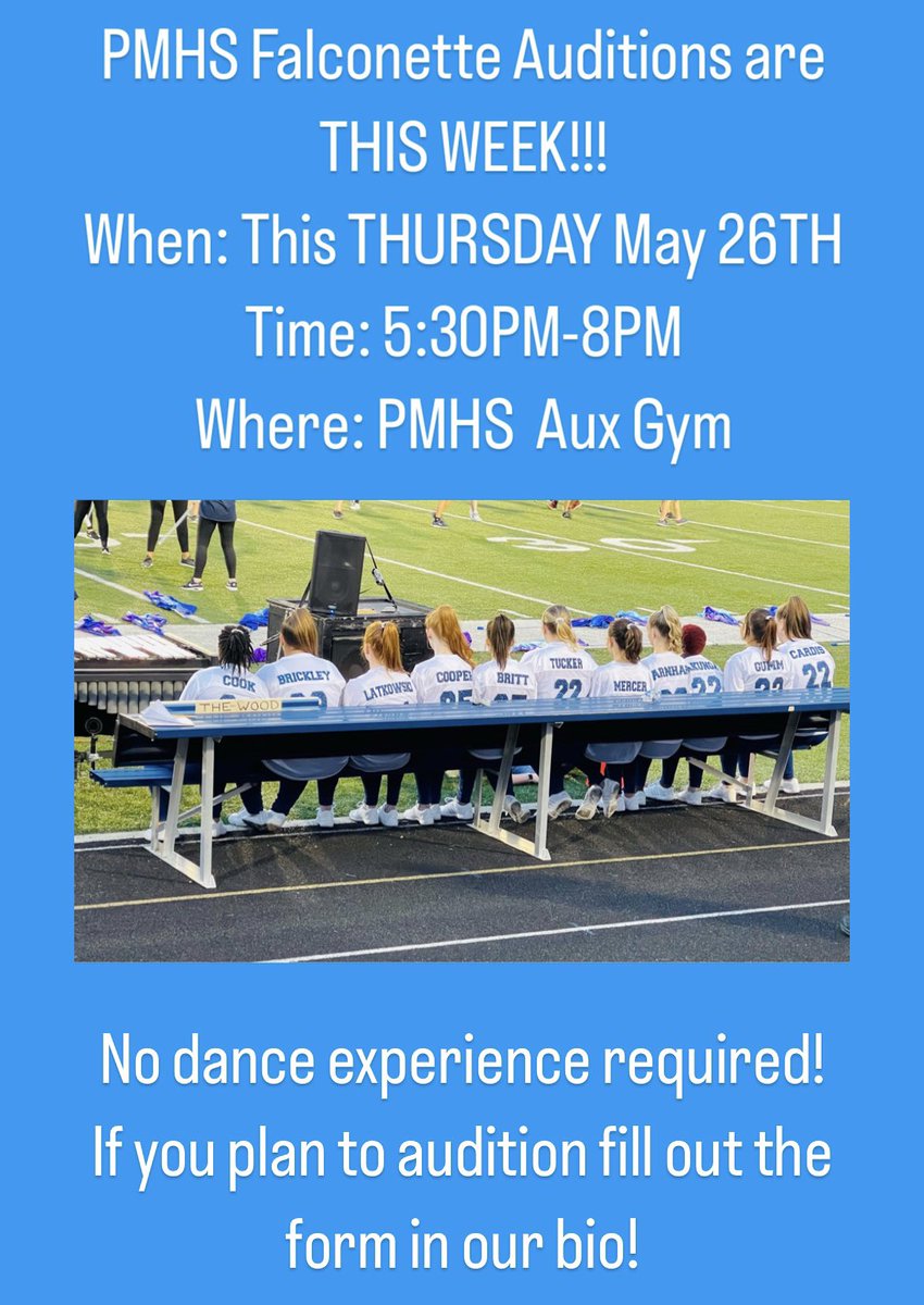 PMHSFalconettes's tweet photo. We can’t wait to see YOU at auditions on Thursday!!! If you have questions please feel free to DM this account! 🐦 https://t.co/pUeTTMdaCC