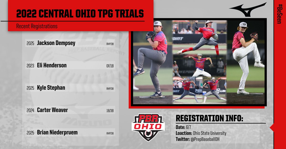 🔊 Welcome to the Central Ohio TPG Trials at Ohio State on 6/7 and 6/8.

<a href="/Jtdempsey2025/">Jackson Dempsey</a> <a href="/EliHenderson04/">Eli Henderson</a> <a href="/k_steph7/">Kyle Stephan</a> <a href="/weavercarter24/">Carter Weaver</a>  

This is your path to the 2022 Top Prospect Games 💪 #BeSeen #whosnext⁉️

⚠️Limited spots left⚠️

Registration 🔗tinyurl.com/bdfvn9rp